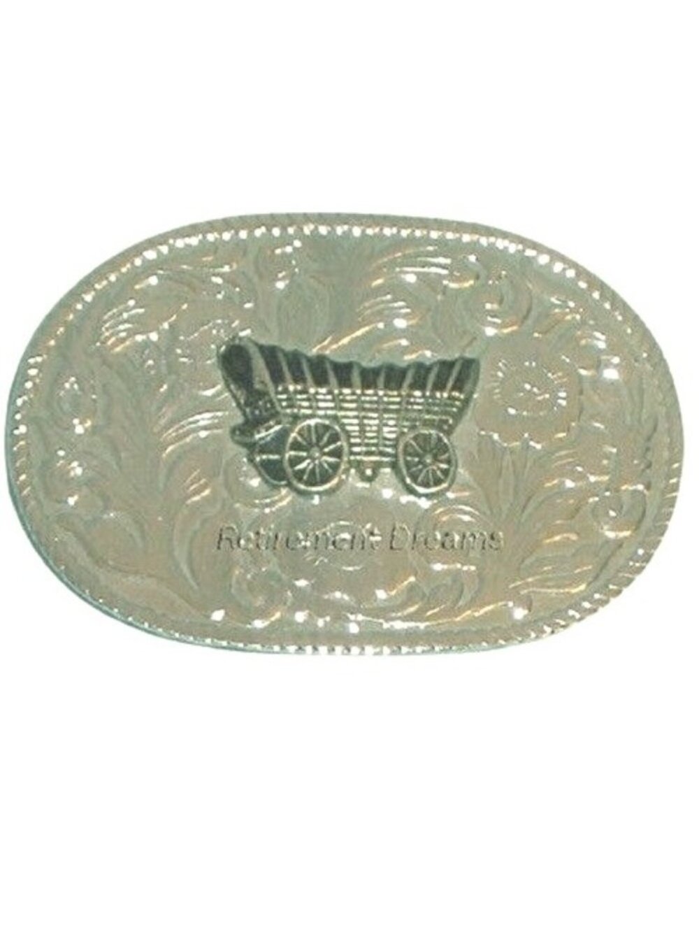 Metal Floral Belt Buckle Oval With Covered Wagon Rope Edge Design Western Motif